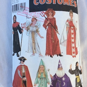 May include: A Simplicity sewing pattern for costumes. The pattern includes designs for a devil, angel, princess, pirate, fairy, wizard, and ninja. The pattern is for sizes small, medium, and large.