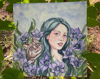 Tabby e ragazza tra i fiori, un dipinto originale ad acquerello, 11 x 11", arte felice e calma, arte da parete, regalo fatto a mano, blu pastello, lavanda, verde