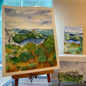 Paesaggio originale ad acquerello di un lago di montagna con un cielo meraviglioso 11 x 14" (27 x 35 cm) - non una stampa o una copia