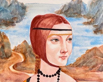 May include: Watercolor painting of a woman with red hair wearing a black headband and a gold necklace. She is looking to the right, and the background is a landscape with mountains and water.