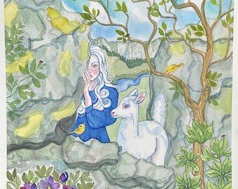 Reserved for Floy.   Forest Girl #2. 12 x 12”. ( inner image 11 x 11).  Original watercolor art