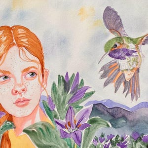The Hummingbird Messenger, Original Watercolor painting, 9 x 12”, signed, sweet art, home decor, gift for her, Costa hummingbird, lavender