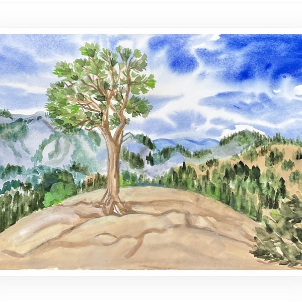 Original watercolor painting, Olmstead Point, Yosemite, Lone Jeffrey Pine Tree, 10.4 x 7.2". landscape, wall decor, gift, Wild California