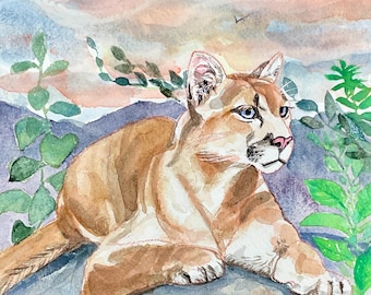 Pintura original en acuarela de un león de montaña/puma: arte mural de animales, 8x10", regalo de decoración de pared
