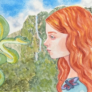 Green Eyes Snake Watercolor Painting: Contemporary Surrealist Art, 8x10&quot;