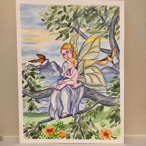 Watercolor Original Painting, Magical Fairy Family in a tree, pastel colors, faecore, décor, flowers, birds, nature, iridescent wings