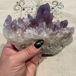 May include: A large amethyst crystal cluster with a variety of purple and clear crystals. The cluster is sitting on a white fabric surface.