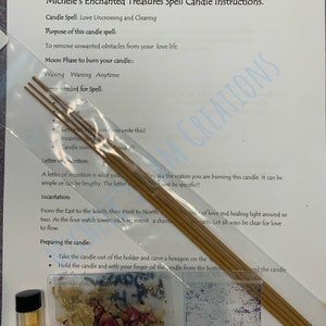 May include: Instructions for a love uncrossing and clearing spell candle. The kit includes a candle, incense sticks, glitter, dried flowers, and a small bottle of oil. The instructions include a letter of intention, an incantation, and steps for preparing the candle.