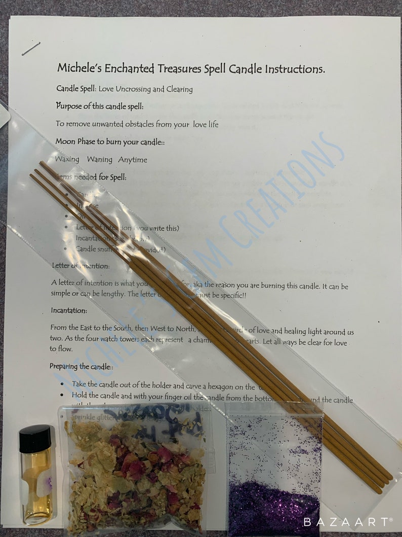 May include: Instructions for a love uncrossing and clearing spell candle. The kit includes a candle, incense sticks, glitter, dried flowers, and a small bottle of oil. The instructions include a letter of intention, an incantation, and steps for preparing the candle.