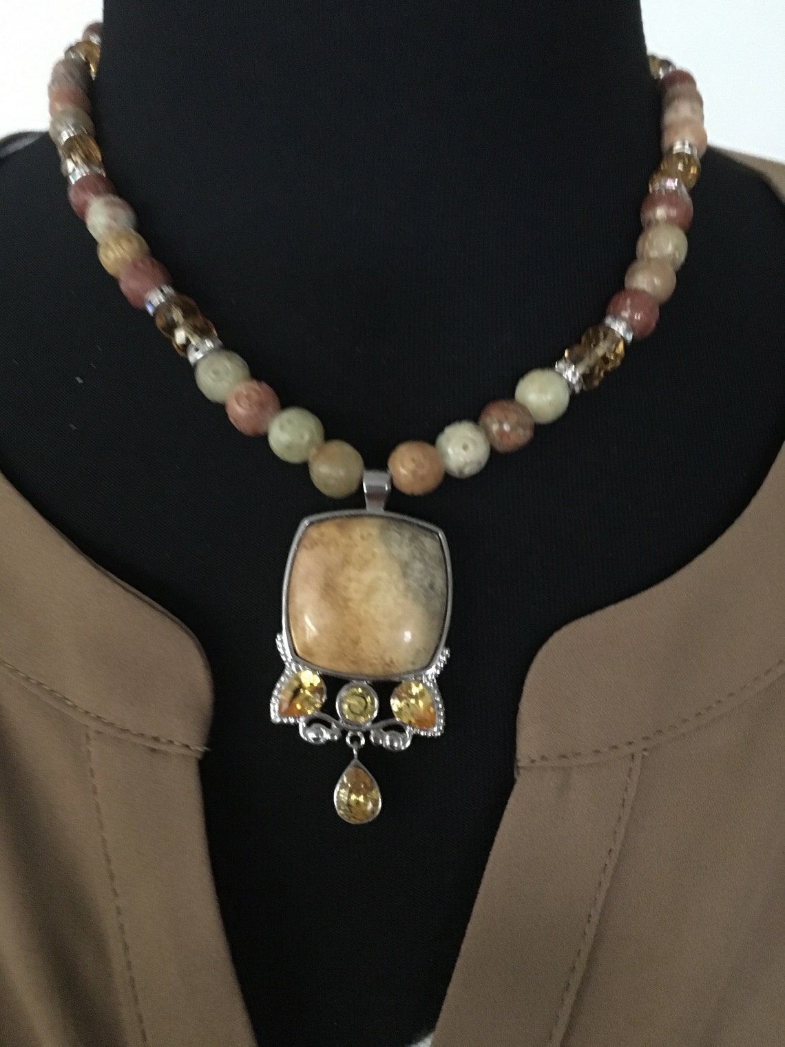 Fossil Stone Pendant Carved Bead Necklace Etsy