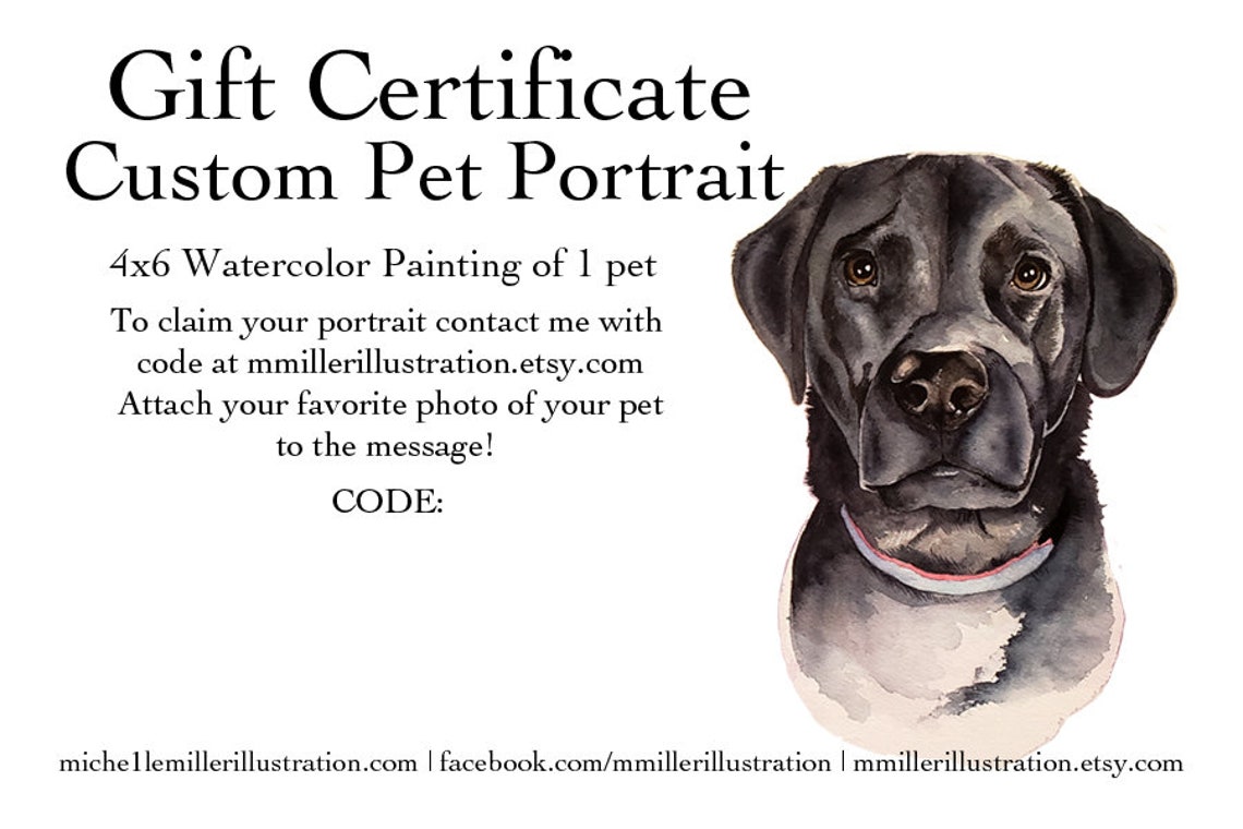 Custome Pet Portrait Gift Certificate 4x6 Etsy