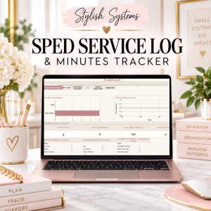 Könnte beinhalten: Ein Laptop zeigt ein SPED Service Log & Minutes Tracker Dashboard mit Diagrammen und Datentabellen. Der Bildschirm zeigt Text, einschließlich Stylish Systems, SPED Service Log & Minutes Tracker, Dashboard und verschiedene Metriken zur Nachverfolgung.