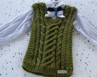 Boys green wool vest, Hand knit alpaca waistcoat, Vest for 3-5 years kids, made to order