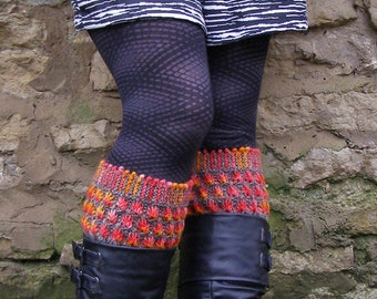 Knit woolen boot cuffs, Gray wool leg warmers, Fire flower boot sleeves, Back to school gift