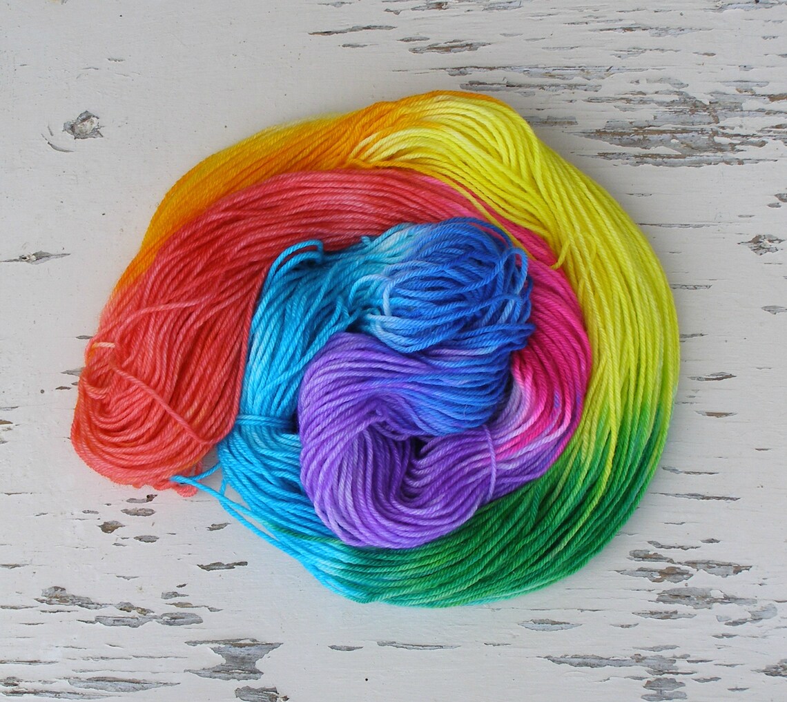 Hand Dyed Unicorn Yarn, Rainbow Colors Sock Yarn, DK 8 Ply Short