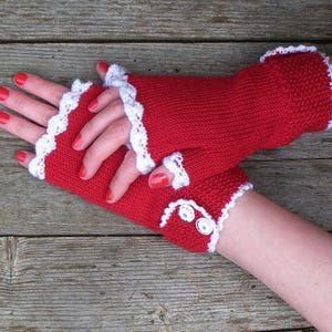 Red merino arm warmers, Warm knit wrist warmers, Valentines wool half gloves