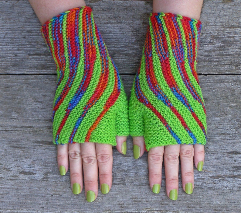 Striped Wool Hippie Gloves, Bright Green Knit Wrist Warmers, Unique