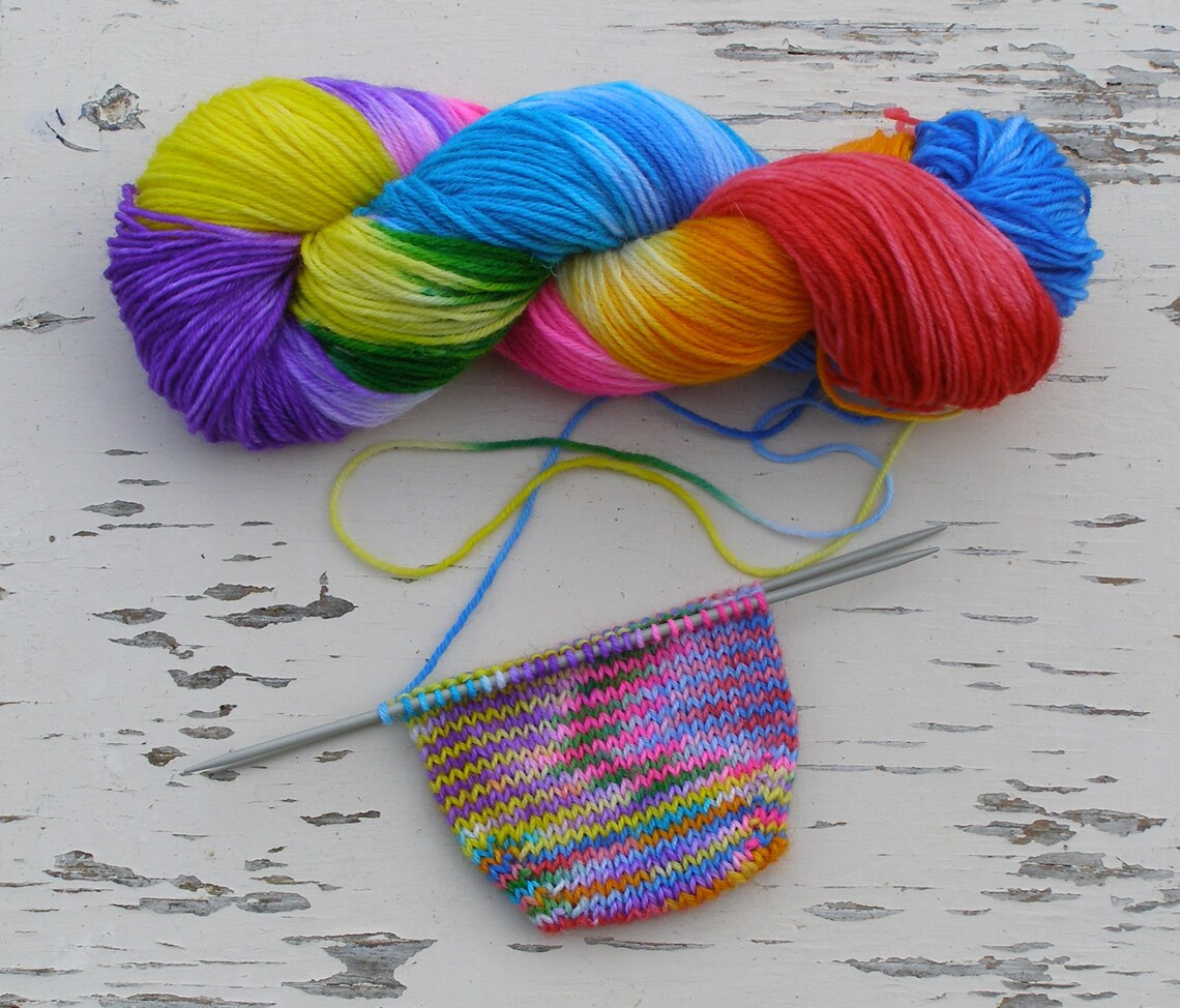 Hand Dyed Unicorn Yarn, Rainbow Colors Sock Yarn, DK 8 Ply Short