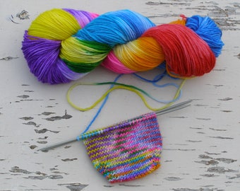 Hand dyed unicorn yarn, Rainbow colors sock yarn, DK 8 ply short colorways yarn, Hand painted wool yarn