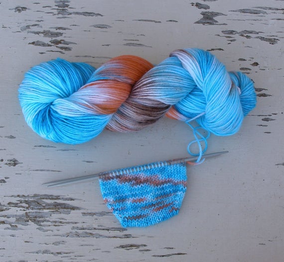 Bright blue sock yarn Self striping hand dyed yarn Nylon Etsy