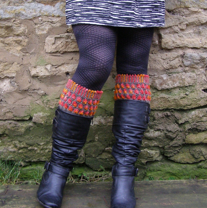Knit Woolen Boot Cuffs Gray Wool Leg Warmers Fire Flower Etsy