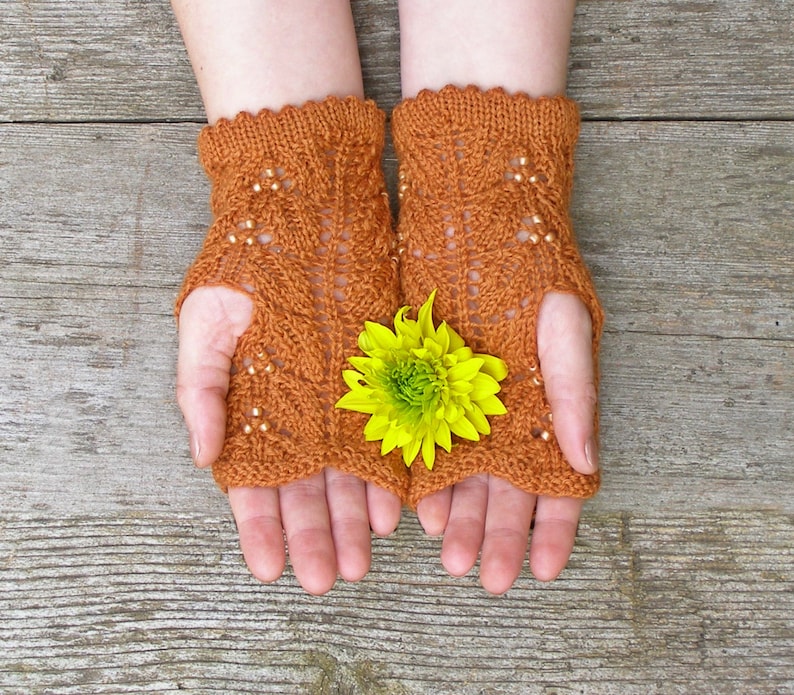 Beaded Formal Lace Gloves, Orange Knit Arm Warmers, Unique Gift for