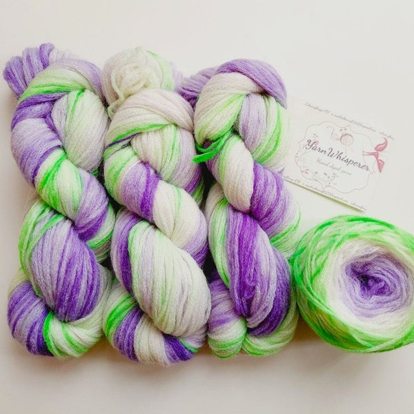 4 écheveaux de laine d'alpaga dégradée, laine longue pour changement de couleur, laine ombrée DK, couleurs violet blanc vert