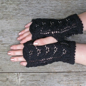 Black lace bridal gloves, Pitch black knit wrist wraps, girl friend birthday, Goth onyx lacy mitts