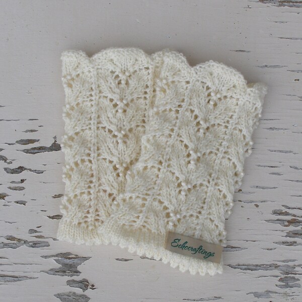 Spring lace wedding gloves, Off white knit arm warmers, Bride to be wrist warmers, Ivory lacy mittens, made to order