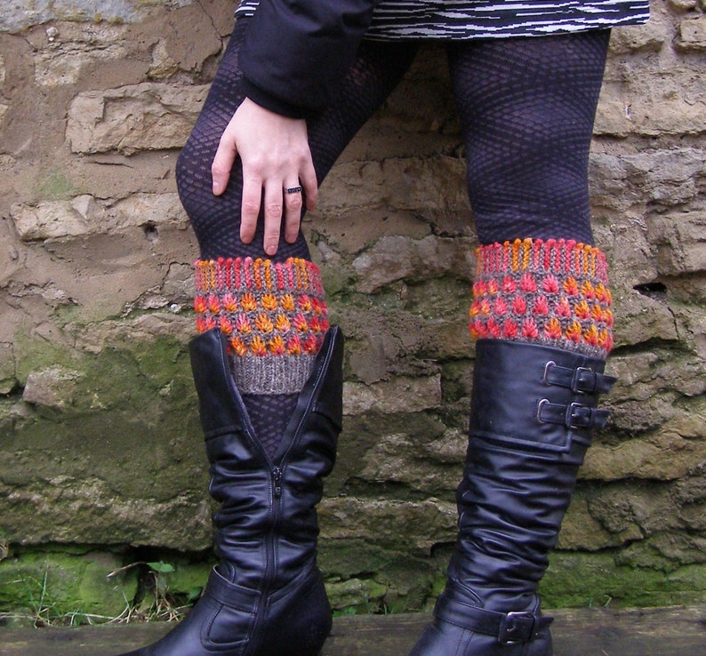 Knit Woolen Boot Cuffs Gray Wool Leg Warmers Fire Flower Etsy