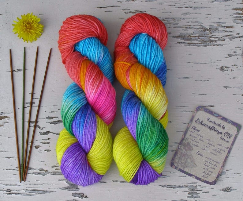 Hand Dyed Unicorn Yarn, Rainbow Colors Sock Yarn, DK 8 Ply Short