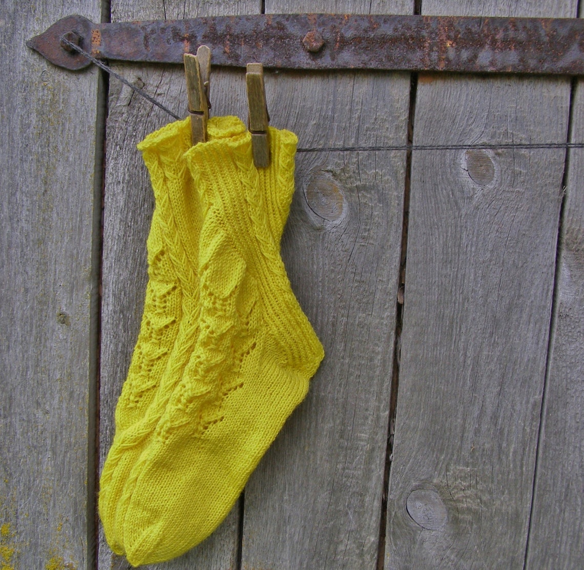 Yellow Wool House Socks Hand Knit Lace Socks Warm Toes Bed Etsy