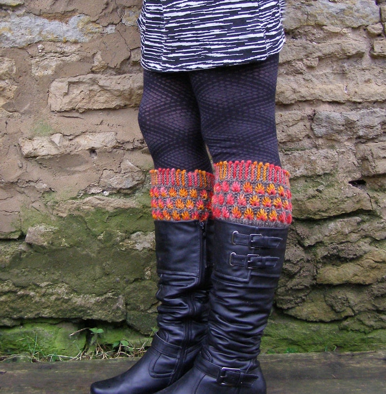 Knit Woolen Boot Cuffs Gray Wool Leg Warmers Fire Flower Etsy