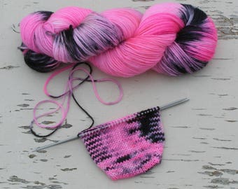 Bright pink sock yarn, Self striping hand painted yarn, Nylon sock yarn, DK 8 ply dyed yarn