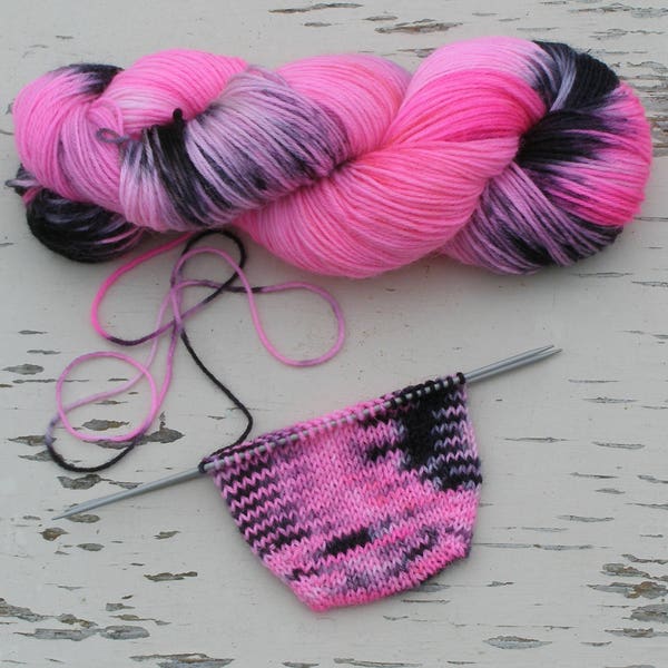 Bright pink sock yarn, Self striping hand painted yarn, Nylon sock yarn, DK 8 ply dyed yarn