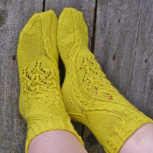 Yellow wool house socks, Hand knit lace socks, Warm toes bed socks, Ice skating gift