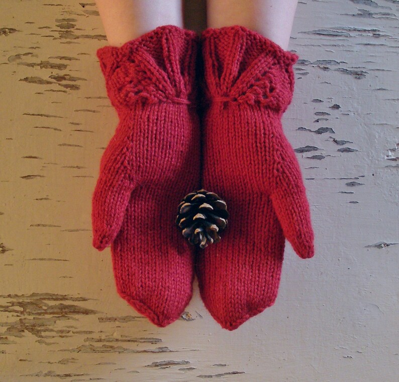 Special friend gift Red wool winter gloves Alpaca mittens with hearts Hand knit love mittens