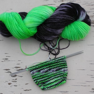 Bright green sock yarn, DK 8 ply yarn, Self striping hand dyed yarn, Nylon sock yarn