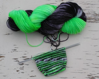 Bright green sock yarn, DK 8 ply yarn, Self striping hand dyed yarn, Nylon sock yarn