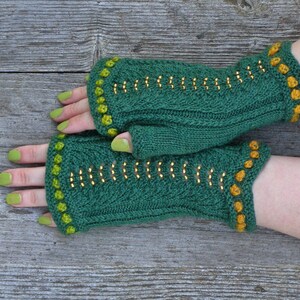 Green knit wrist warmers, Knitted beaded wraps, Be mine fingerless gloves, Back to school gifts