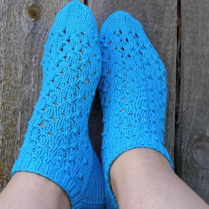 Hand Knit Cotton Lace Ankle Socks, Deep Sky Blue, Vegan Gift