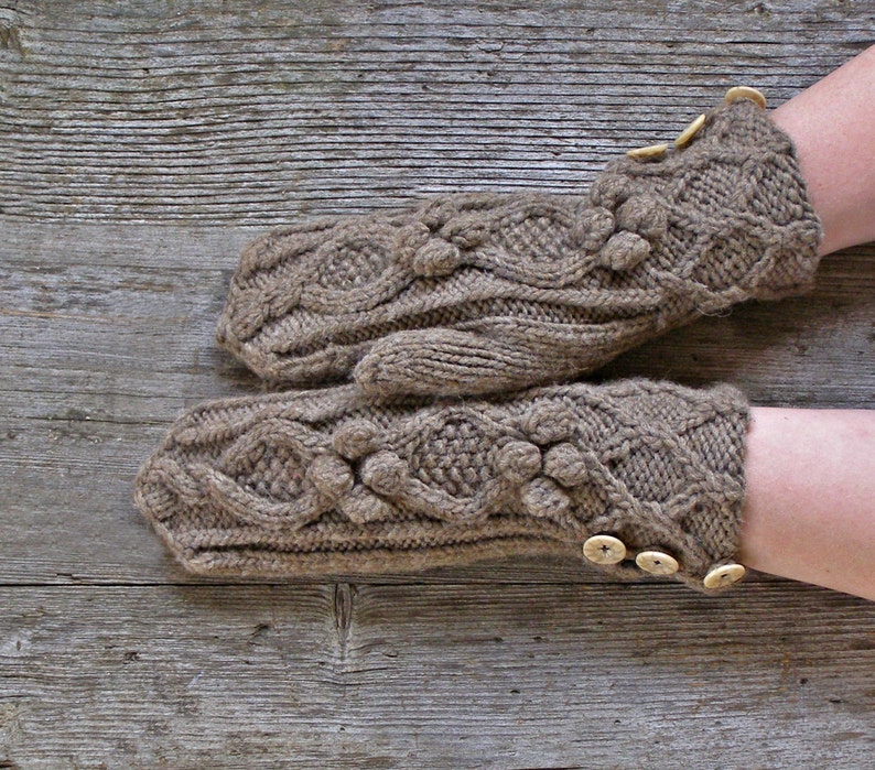 Brown camel wool mittens, Knit warm winter gloves, Knitted bobbl Brown camel wool mittens, Knit warm winter gloves, Knitted bobbl