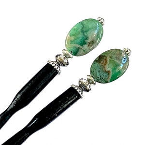 Messy Bun in Seconds with Hair Sticks. Set of 2 “Quinn” Tidal Hair Sticks. Green Agate. Free US Shipping. Seen in FLAUNT Magazine.