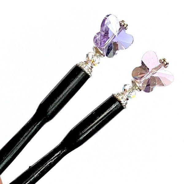 Set of 2 Crystal Butterfly “Iris” Tidal Hair Sticks. One Pink, One Purple. 2000’s Y2K Fashion. Handmade. Seen in FLAUNT Magazine.
