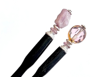 Set of 2 Lilac Colored Tidal Hair Sticks. One Kunzite Stone and One Czech Glass. Wear Together or Separate for 90’s Style Hair.