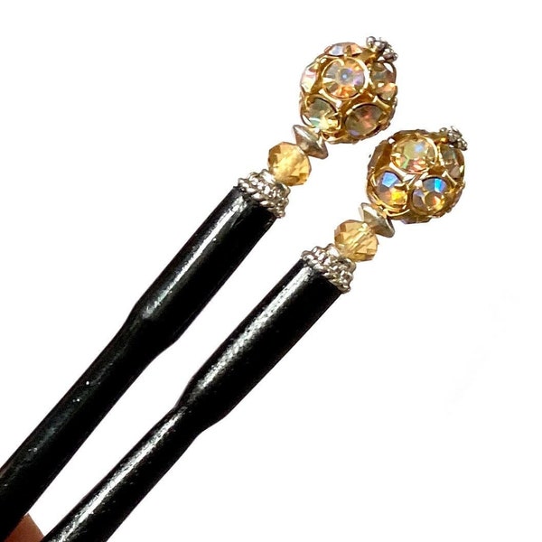 New Hair Trend! Get an Updo in Seconds. Pair of 2 “Kathleen” Gold Rhinestone Tidal Hair Sticks. Free US Shipping.