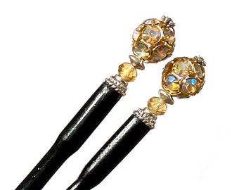 New Hair Trend! Get an Updo in Seconds. Pair of 2 “Kathleen” Gold Rhinestone Tidal Hair Sticks. Free US Shipping.