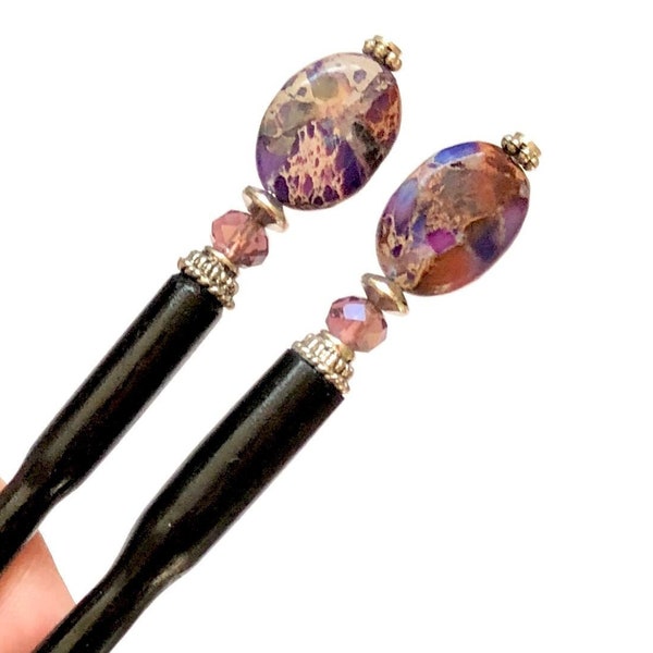 90's/Y2K Hair Trend: Hair Sticks. Set of 2 Purple Jasper Tidal Hair Sticks. Seen in FLAUNT Magazine. Free Shipping