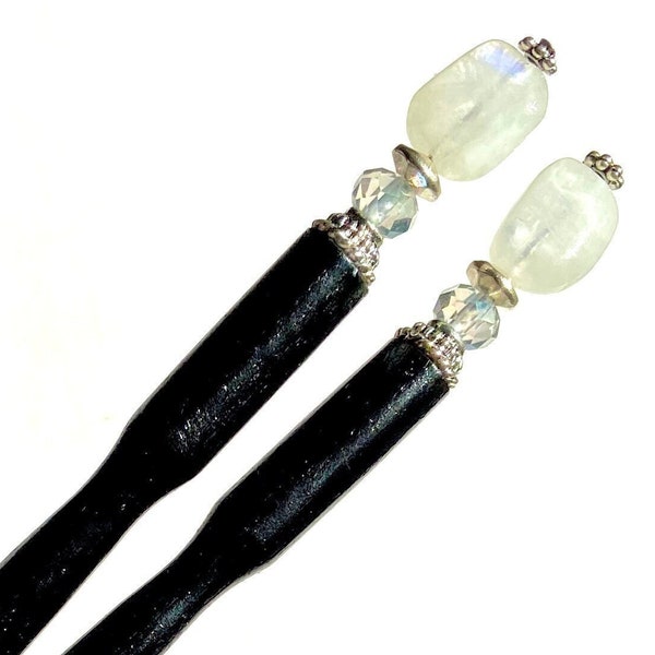 Hair Sticks- Set of 2 Rainbow Moonstone Nugget Tidal Hair Sticks. 2023 Hair Trend Seen in FLAUNT Magazine. Free Shipping. Handmade