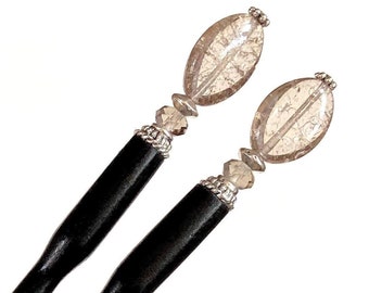 Hair Sticks: Y2K Aesthetic. Set of 2 Crackle Czech Glass Tidal Hair Sticks. Free US Shipping. Handmade. Seen in FLAUNT Magazine